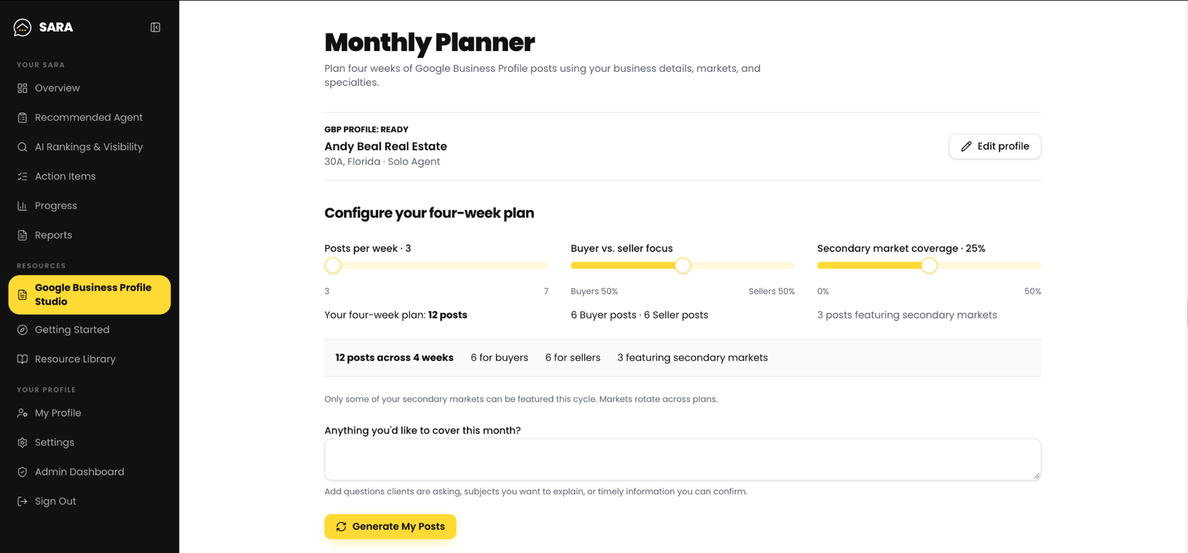 SARA Google Business Profile Studio with monthly planner, buyer-seller focus and secondary market controls